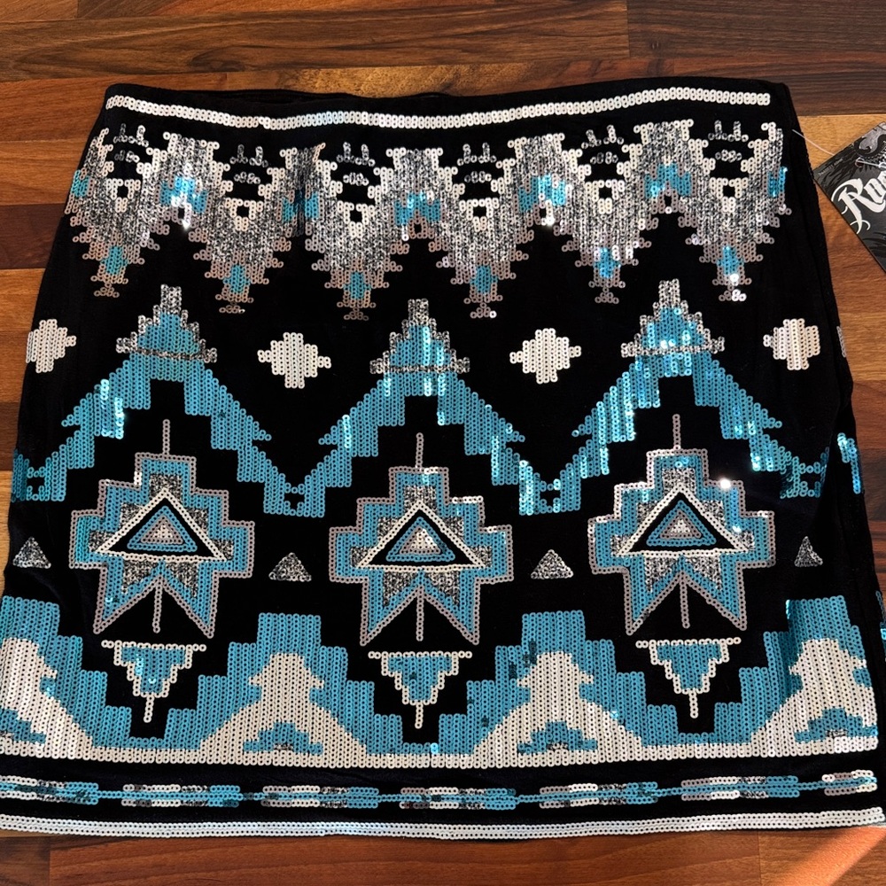 NWT Rock 47 by Wrangler Sequin Aztec Mini Skirt Medium Black Turquoise